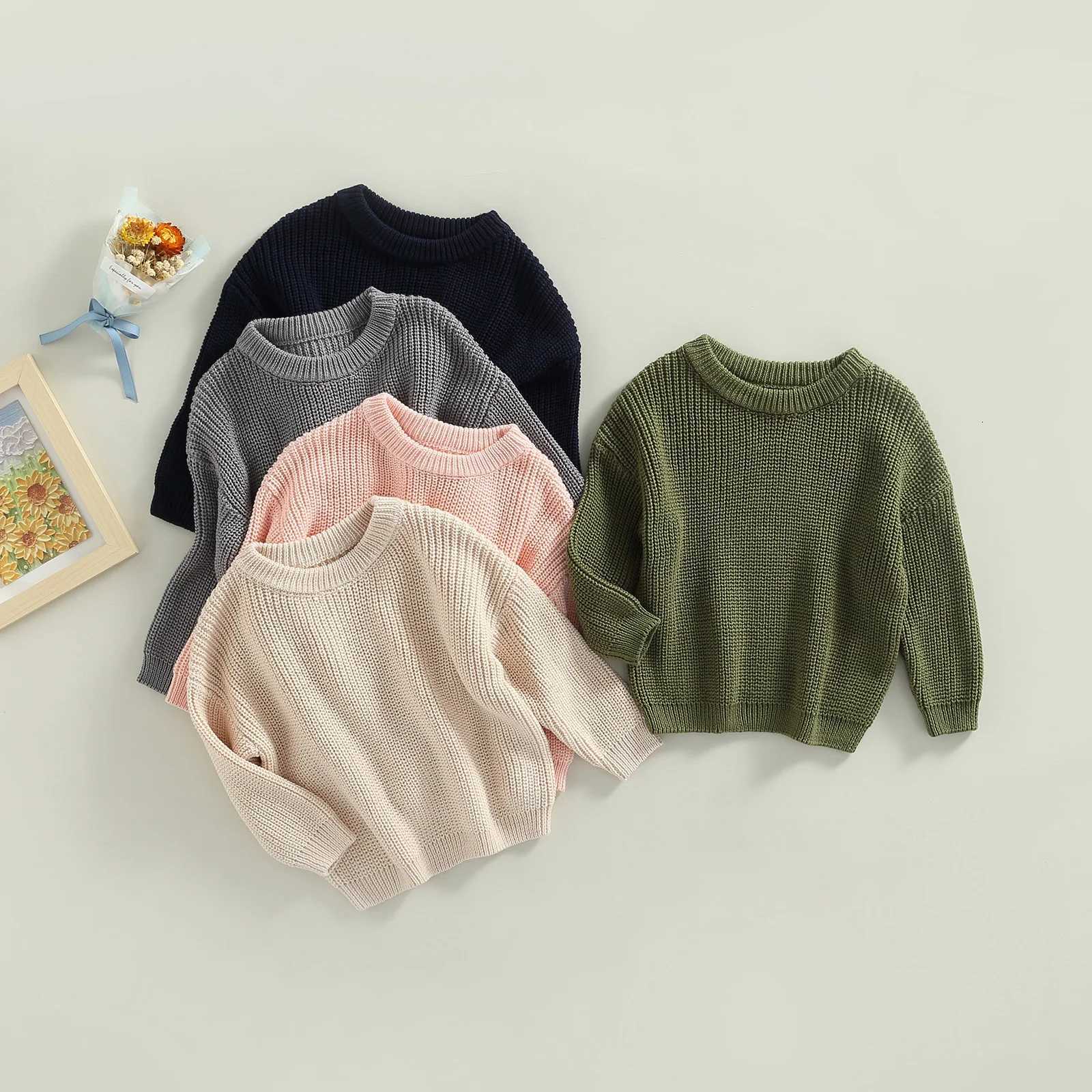 VISGOGO Toddler Baby Round Neck Sweaters Long Sleeve Solid Color Loose Knitted Pullovers Kids Boys Girls Fall Winter Sweaters Z250826