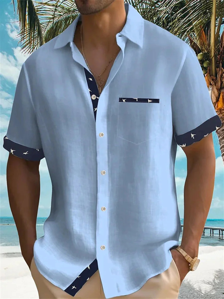 solid color summer shirt mens Hawaiian shirt casual fashion street short sleeve beach holiday party mens pocket shirt 5XL250825