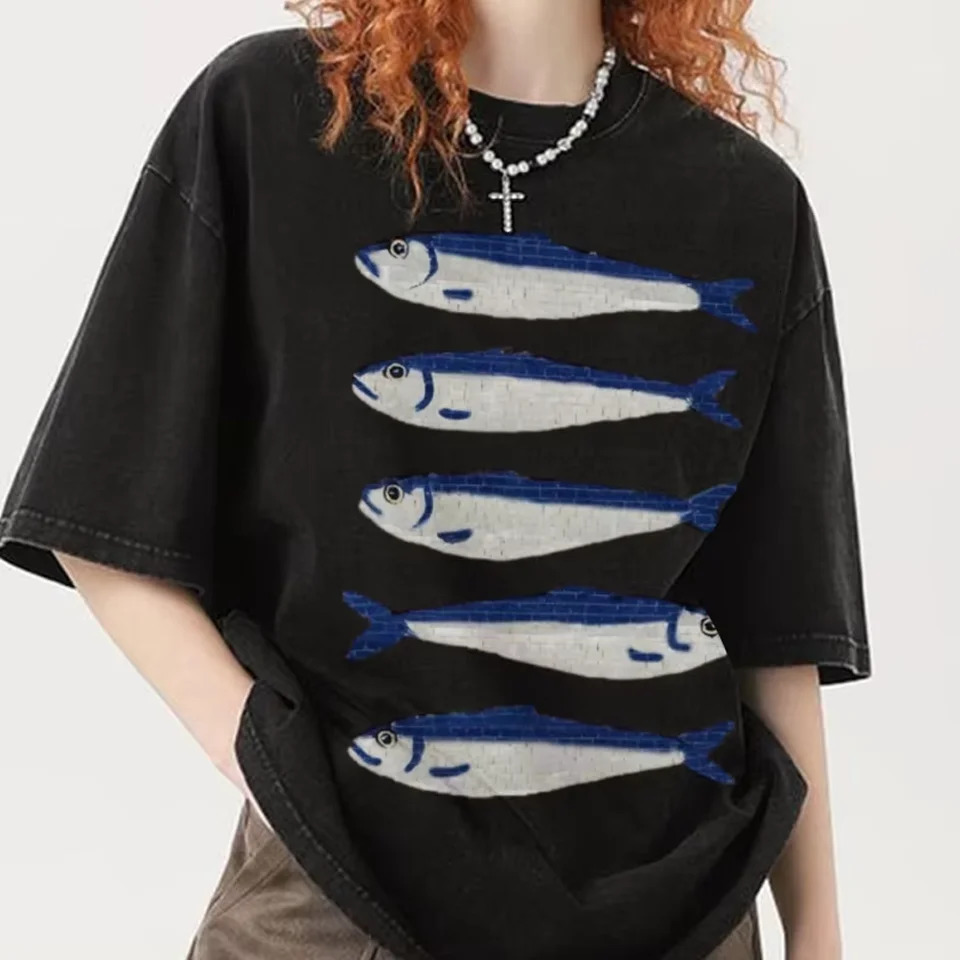 Gojo Cartoon Salted Fish Print Womens Loose TShirt Oversized Wash Short Sleeve Summer Fashion n Casual Top 250826