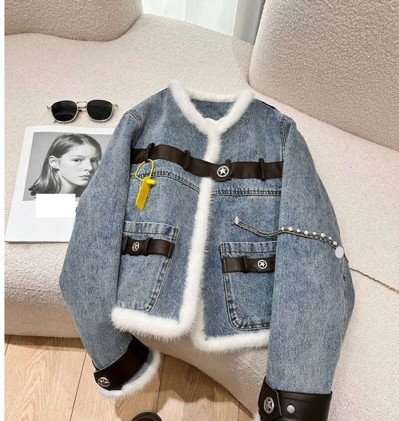 New fashionable winter denim patchwork faux fur warm short coat for women with thickened down cotton and down