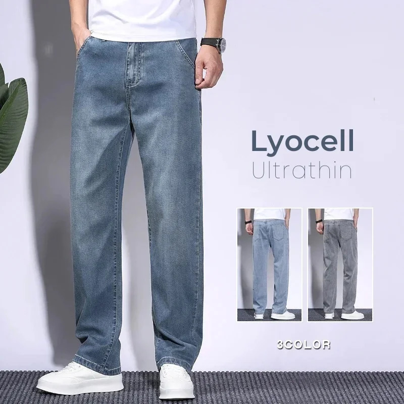 Soft Mens Lyocell Baggy Jeans Thin Summer Breathable Straight Pants Vintage Business Casual Fashion Korea Male Denim Trousers250825