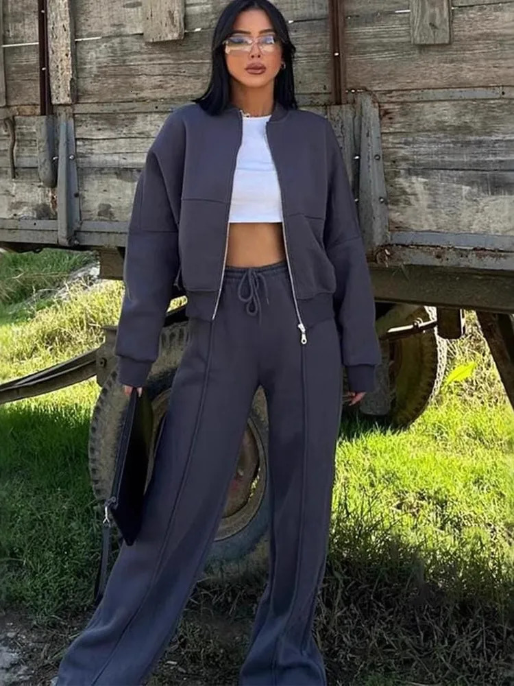 Women Sweatsuit Set Vintage Oneck Zipper Bomber Jackets High Waist Loose Pants Suit Female 2025 Spring Fashion Lady Sportswear250825