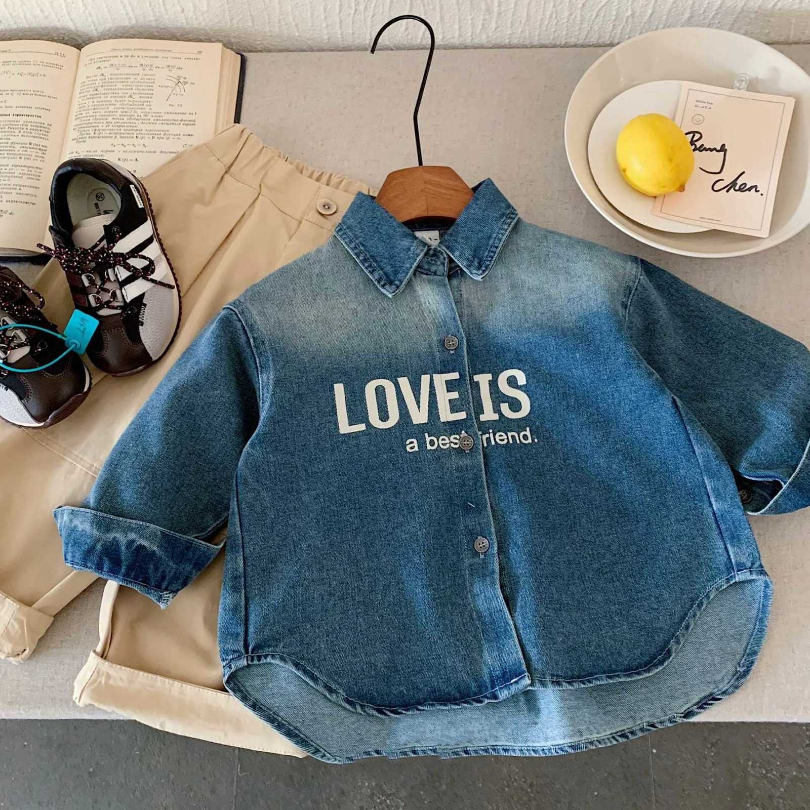 Toddler Boys Tops Autumn New Letter Printed Turn Down Collar Kids Baby Boys Denim Tshirt Retro Single Breasted 18Y Boys Shirts Z250826