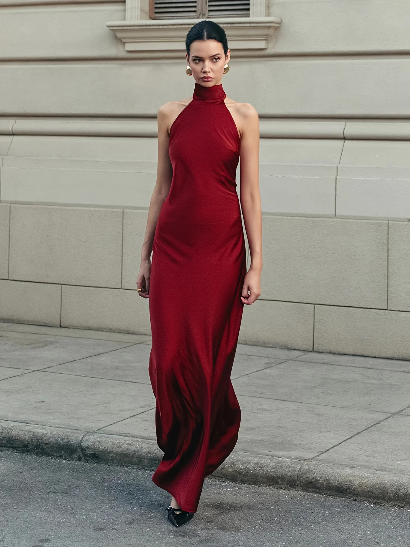 Elegant Satin Halter Women Maxi Dress Back Bandage Sleeveless 2025 Summer Sexy Club Pary Evening Long Dress 250826