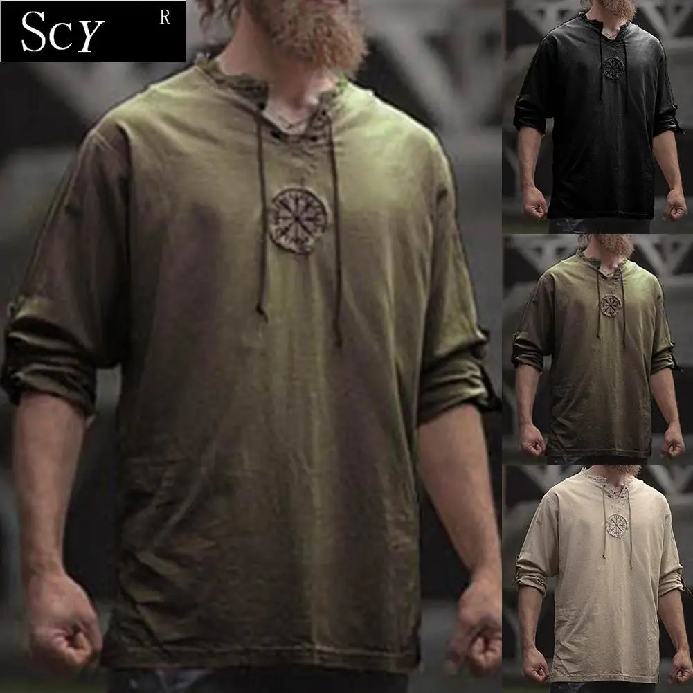 Men Plus Size Shirt Top Ancient Viking y Lace Up V Neck Long Sleeve For Mens Clothing 250825