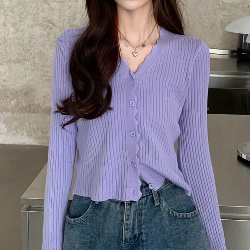 Womens Rib Knitted Crew Neck Cropped Cardigan Pastel Pink Purple Long Sleeve Fitted Short Sweater Jacket Fall Winter Y2K Outfit 250815