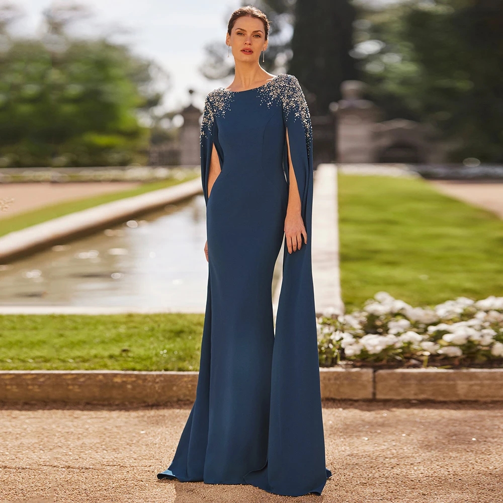 2026 Luxury Blue Mother Of The Bride Dresses Beading Crystals Scoop Neck Long Cap Sleeves Wedding Guest Party Gowns Robe De Soriee