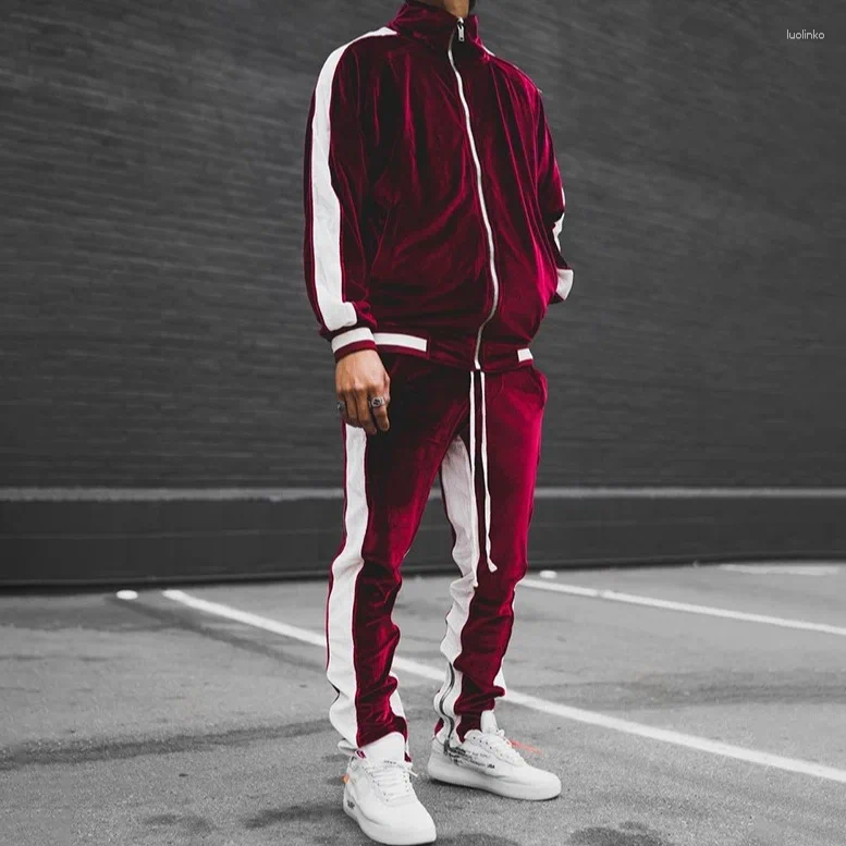 Men's Tracksuits 2025 Cross Border Mens Velvet Tracksuit Solid Color Contrast Trim Retro Casual Jacket Set