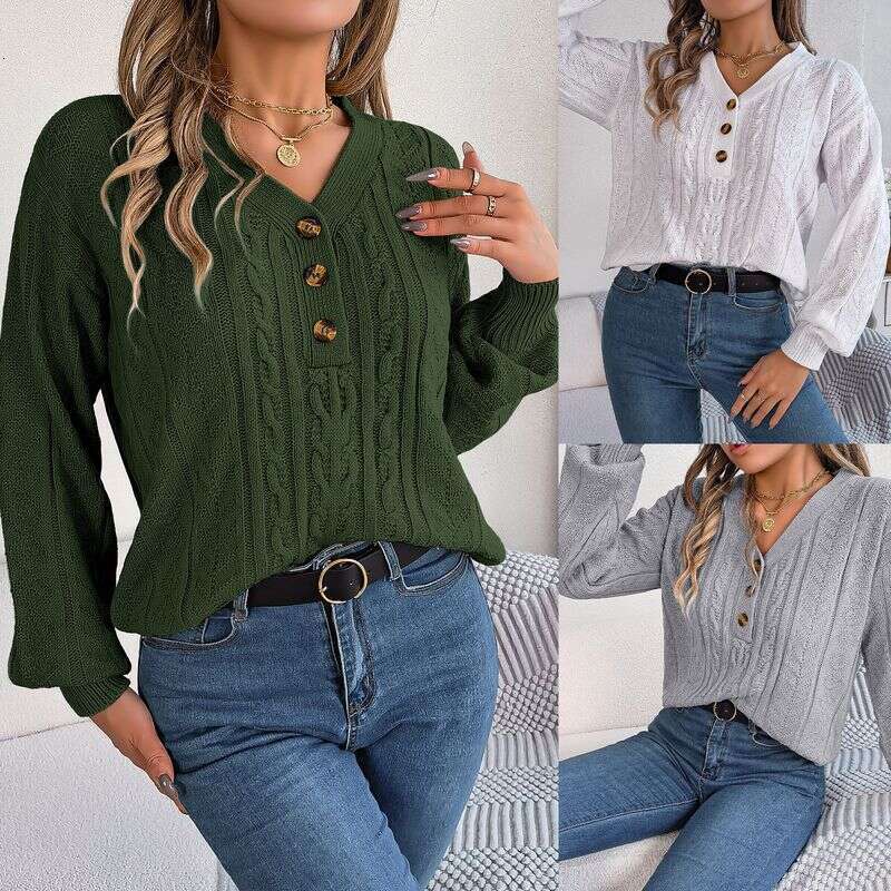 Womens Sweaters Fall 2023 Trendy V Neck Quarter Button Long Sleeve Solid Knit Pullover Loose Soft Ladies Sweater Tops