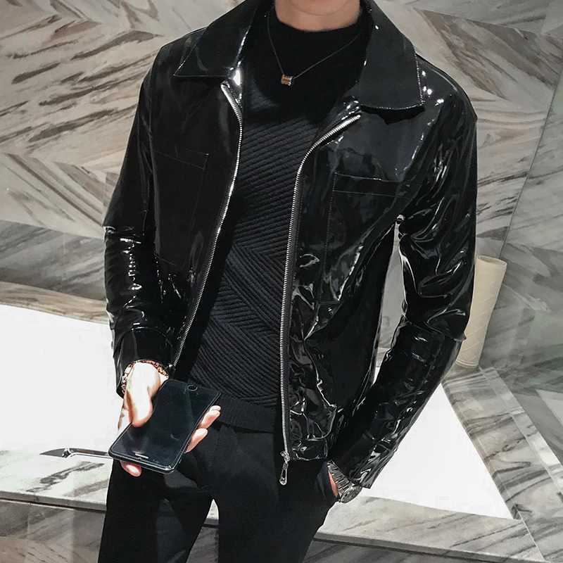 Shiny Leather Jacket Mens Stage Costume Red Black Brown Nightclub Club Mens Leather Jacket Solid Color Slim Mens Jacket CoatsXJ250826