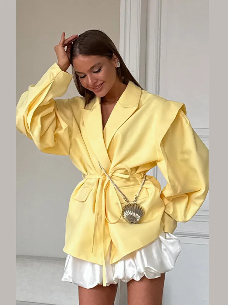 Lace Up Shoulder Pad Blazer Coat Women Elegant Turn-down Collar Long Sleeve Pockets Slim Fit Coats Chic Ladies Commute Outerwear 250815