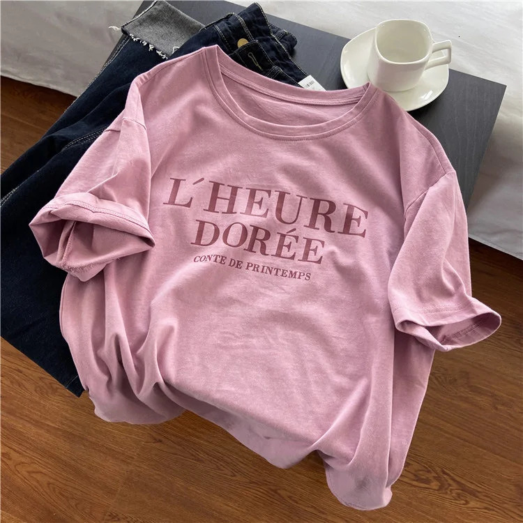 Pink Short Sleeve Tshirt Womens Loose Casual Round Neck Letter Print Thin Top 250826