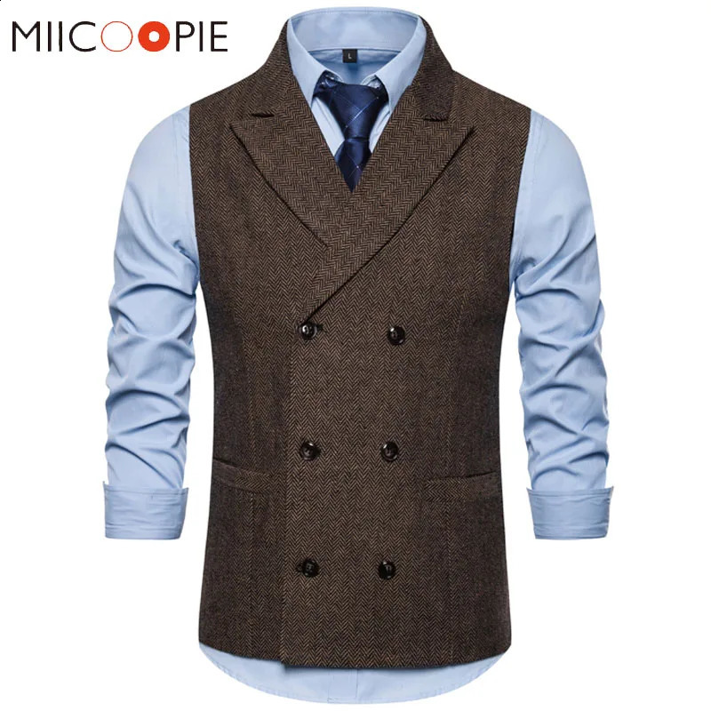 Mens Double Breasted Brown Suit Vest Casual Solid Color Business Sleeveless Waistcoat Gentlemen Chalecos Para Hombre250826