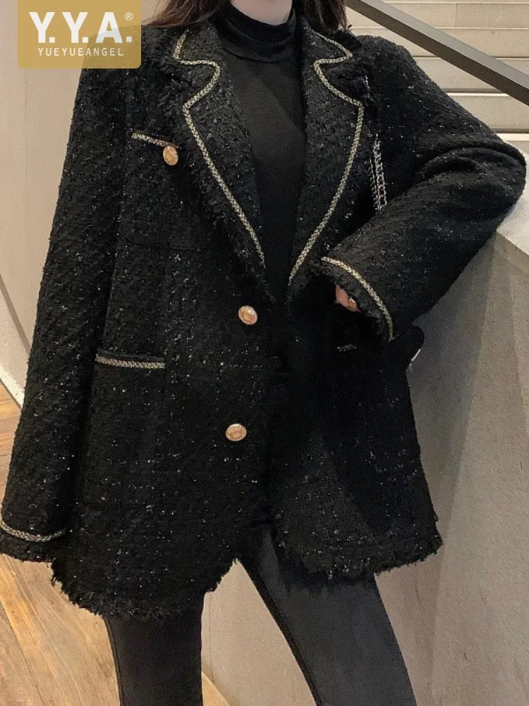 Office Ladies Autumn Winter Tweed Suit Jacket Single Breasted Straight Fashion Casual Outerwear Long Sleeve Elegant Women Coat 250815