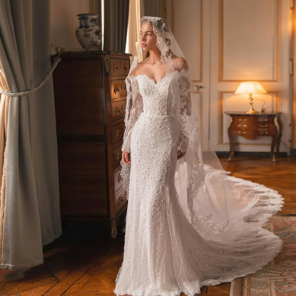 Mermaid Sexy Wedding Dresses 3D-Floral Appliques Sweetheart Off The Shoulder Lace-up Back Chic Bridal Gown Custom Made Color/Size