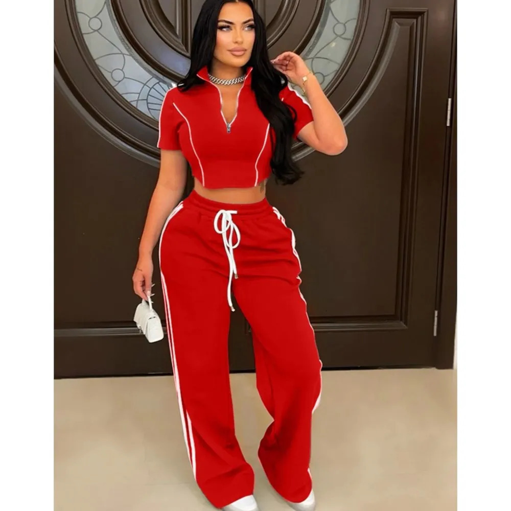 Fashion Casual Short Hoodie 2 Piece Women Summer Zipper Top Short Sleeved Sports T Shirt Stripe Splicing Long Pants Female Suit250825