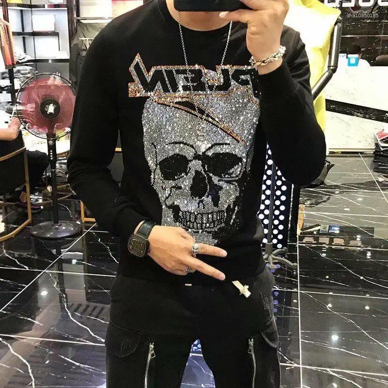 Men's Hoodies Clothing Spring And Autumn Fashion Embroidered Sequin Rhinestone Sweatshirts Long Sleeve T-Shirt Clothes