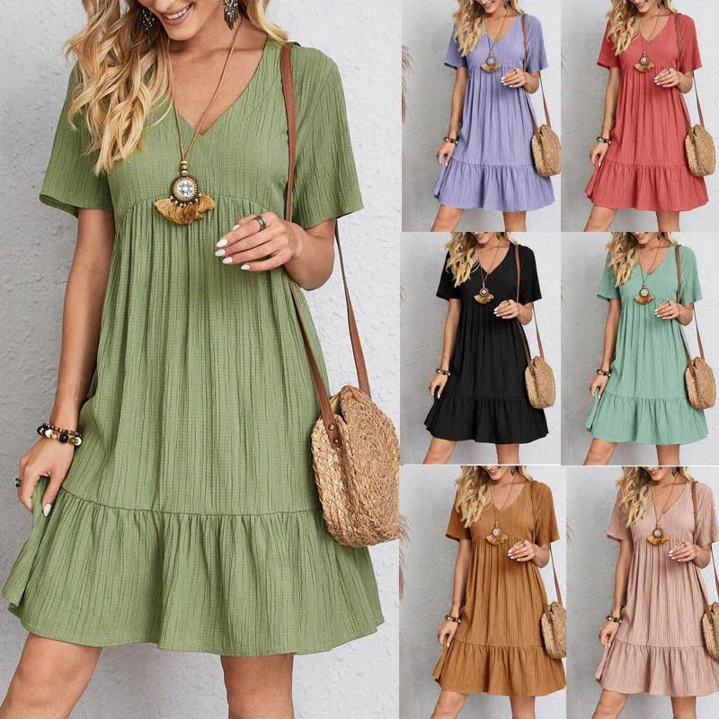 2025 Loose Vneck Short Sleeved Pleated Women Dress Solid Color Aline Beach Dresses Elegant Simple Comfortable Woman Clothing250825