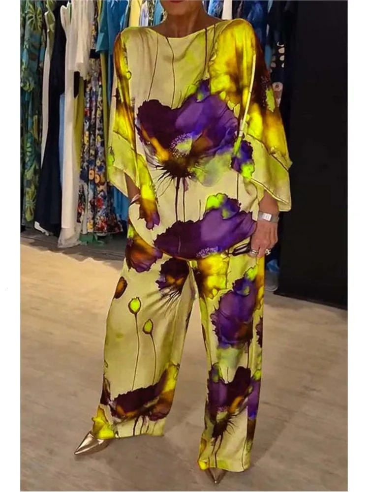 Casual Sets for Women 2 pieces Summer Fashion Printed Satin Two Piece Sets Women Sexy Round Neck TopWide Leg Long Pants Outfits250825