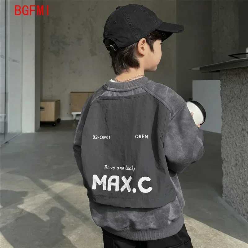 Boy Slish Versatile Childrens Sweatshirt 2025 New Long Sleeve Gray Patchwork Tshirt Loosefit Korean Unisex Autumn Clothing Z250826