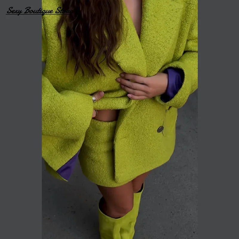 Chic Elegant Blazer Jacket Sets For Women Solid Full Sleeve Loose Suit Coat Mini Skirts 2025 Autumn Lady Suits Y2k Outfits 250823