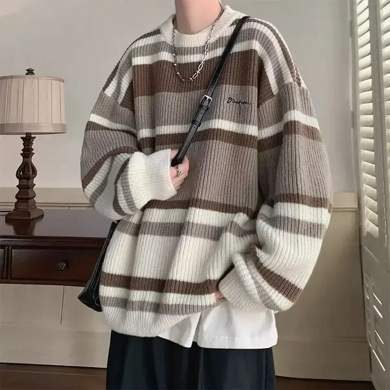 Japanese Vintage Idle Style Color Block Striped Sweater Men Women Autumn Winter Sensibility Niche Outer Wear Knitted Top250825