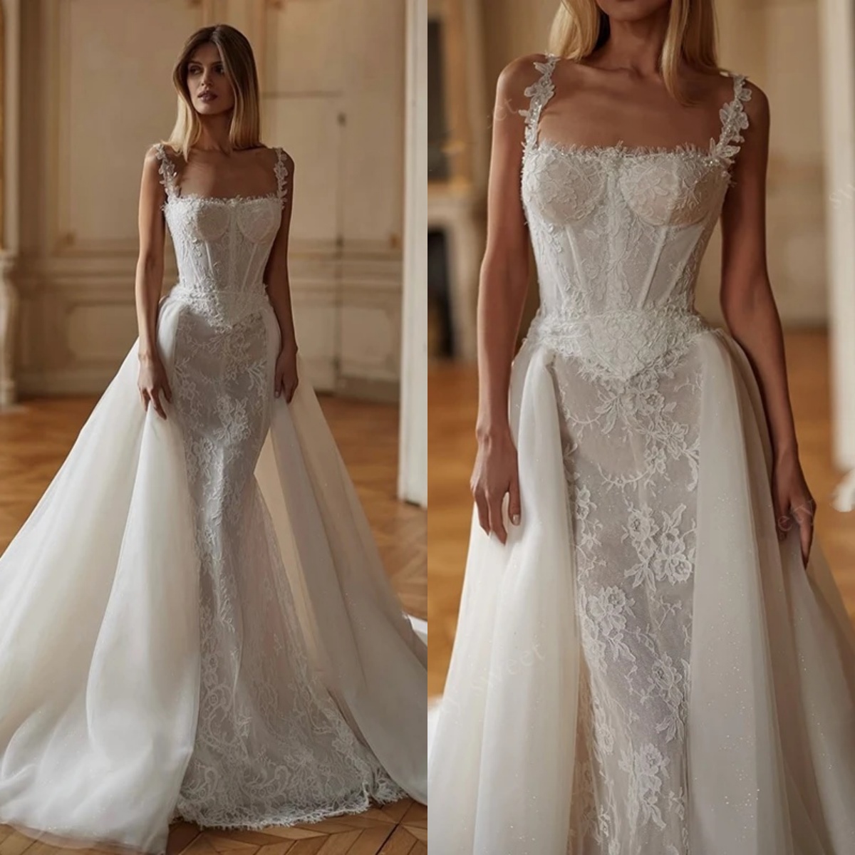 Simple Mermaid Wedding Dress Square Neck Sleeveless Bridal Gowns Lace Detachable Train Dresses Custom Made vestidos de novia