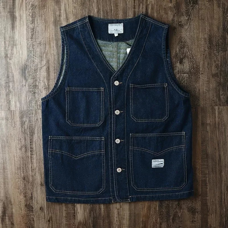Japanese style washed Deep Blue denim sleeveless vest mens Vintage retro multi pocket workwear clothes casual male vest jacket 250823