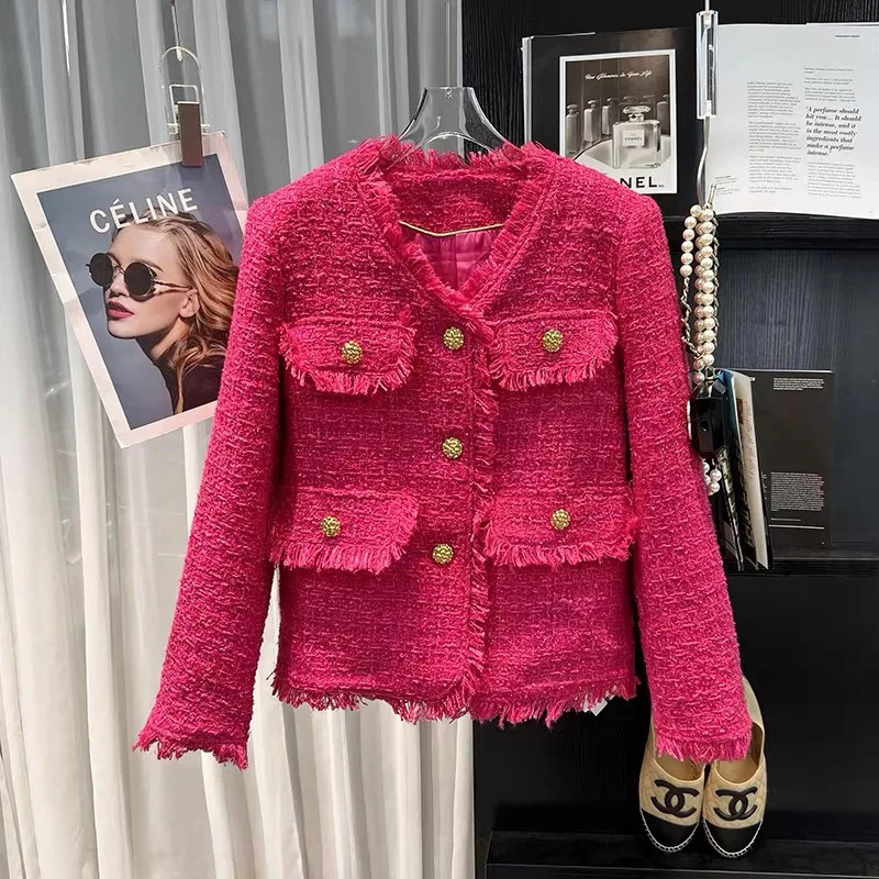 Rose red tweed raw edge singlerow gold buckle tassel temperament fashionable and elegant jacket for ladies 250826