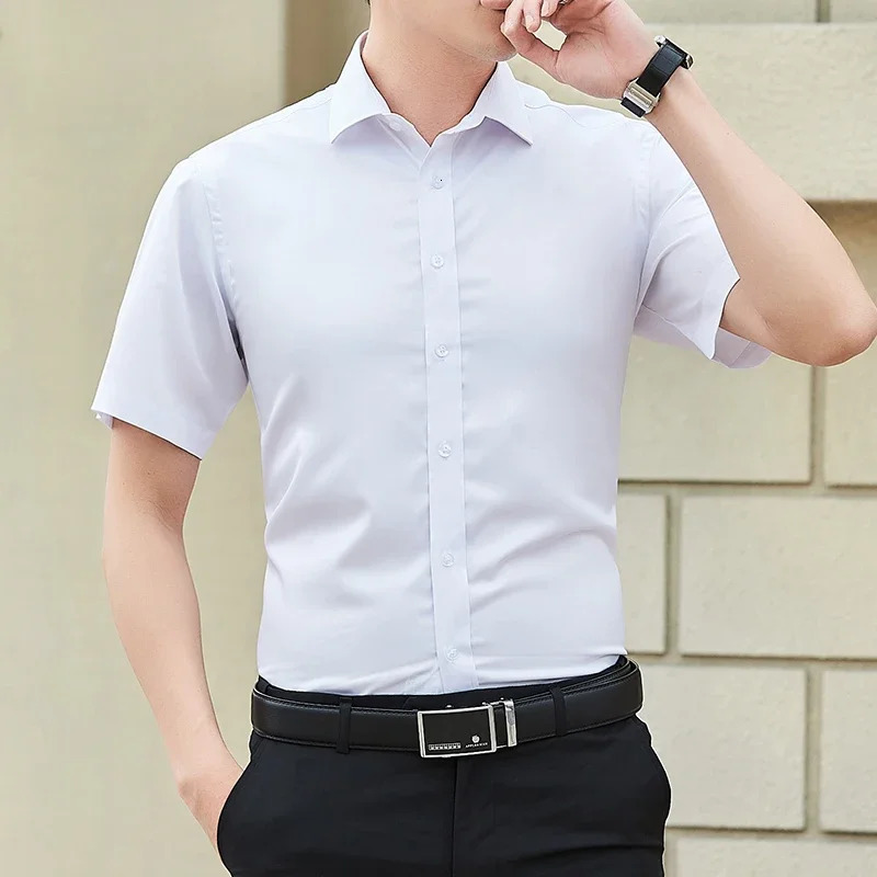 2024 Summer Mens Slim Solid Color Short Sleeve Shirt Business Casual White Shirt Male Large Size 5XL Classic Style250825
