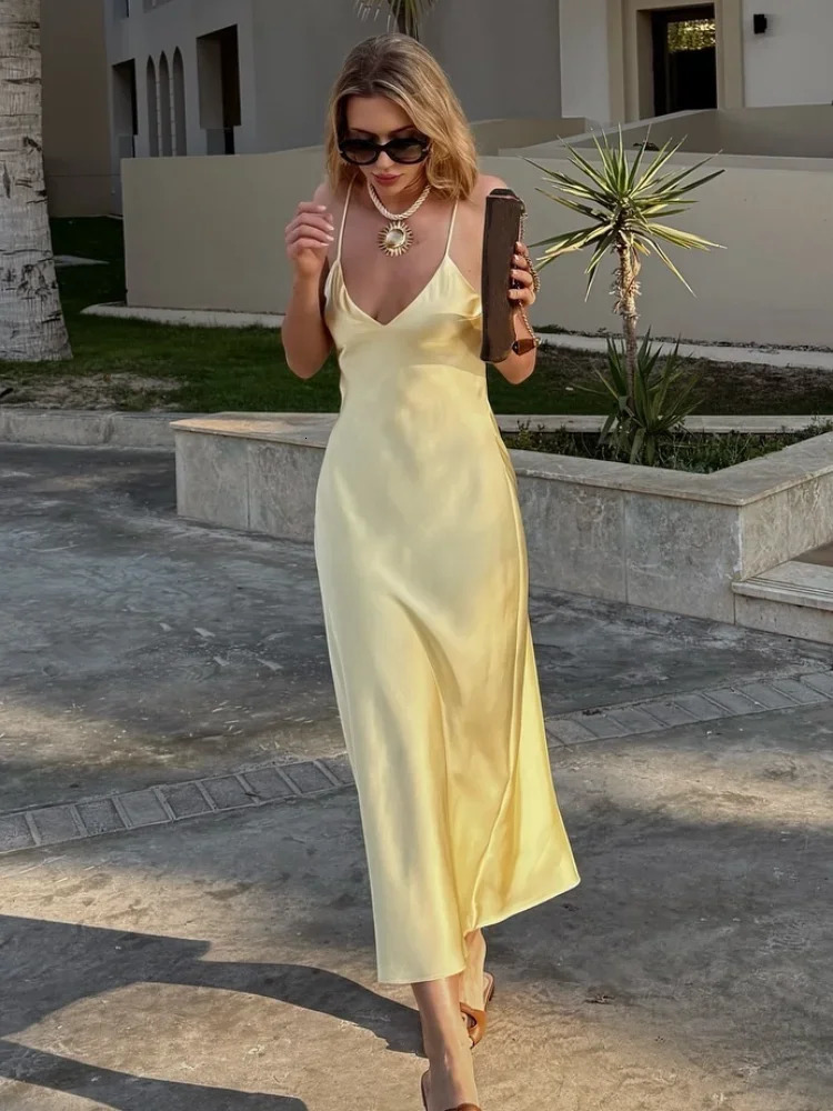 Yellow Elegant Stain Womens Sling Dress Sexy Backless Sleeveless V Neck High Waist Evening Gown Summer Chic Lady Partywear 2025250825
