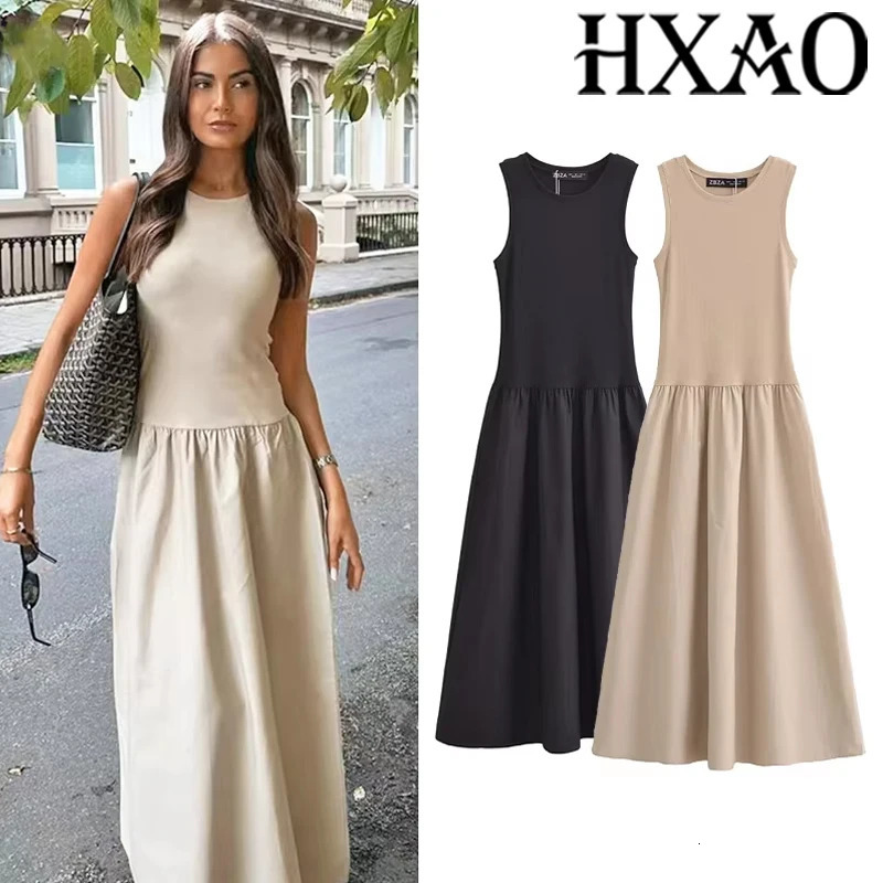 HXAO Khaki Elegant Long Dresses 2025 Womens Spring Sleeveless Black Dresses Fashion Casual Party Y2k Dress Vestidos For Female250825