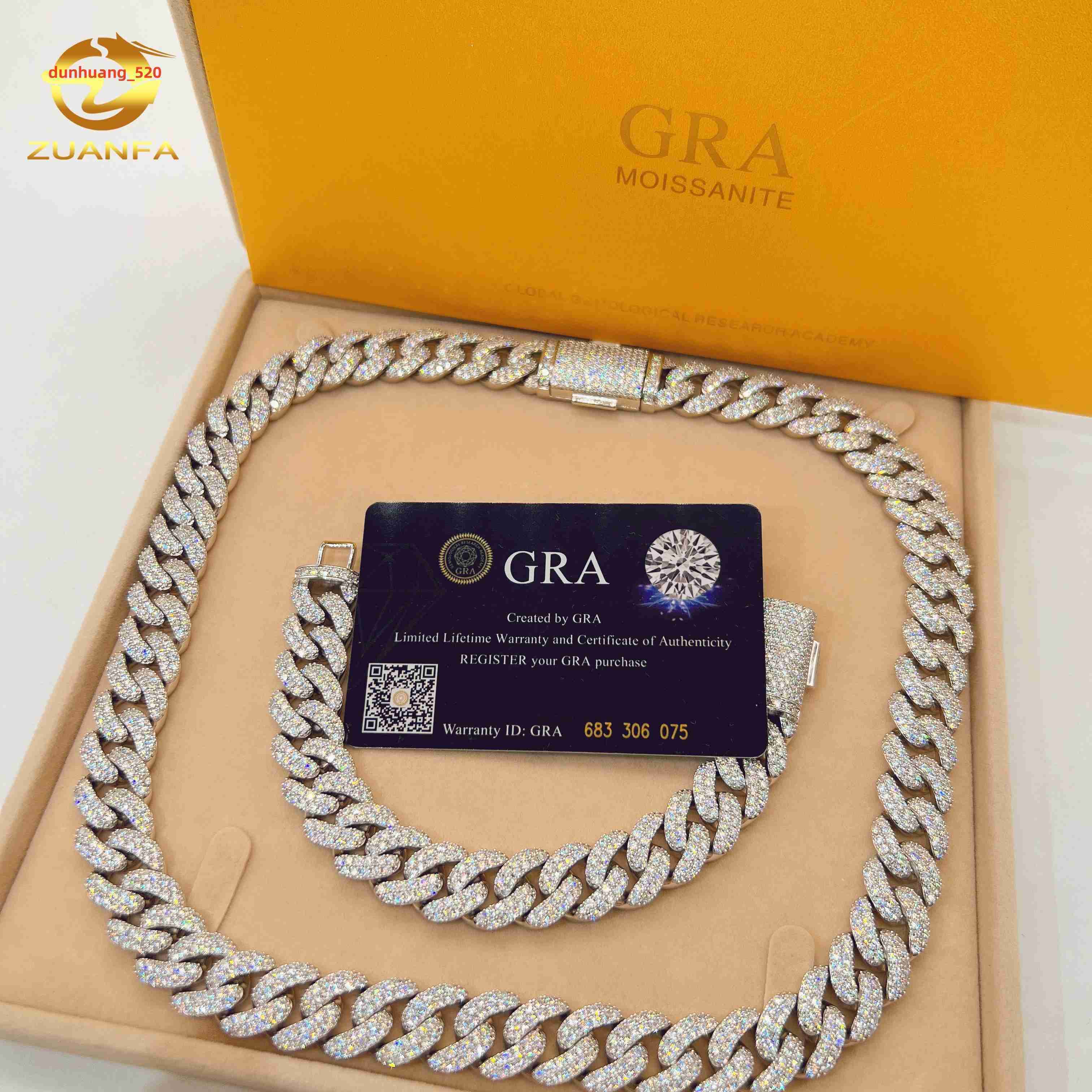 15mm GRA Certificated Fashion Jewelry VVS Moissanite Custom 925 Sterling Silver Hip Hop Luxury Iced Out Cuban Link Chain