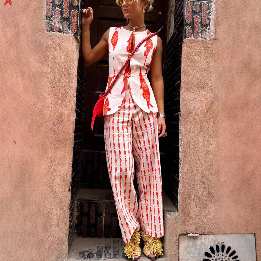 Summer Women Cartoon Red Fish Print O Neck Tank Top And Straight Female Long Pants Short Sleeve Shirt Wide Leg Pant 2 Piece Sets250825