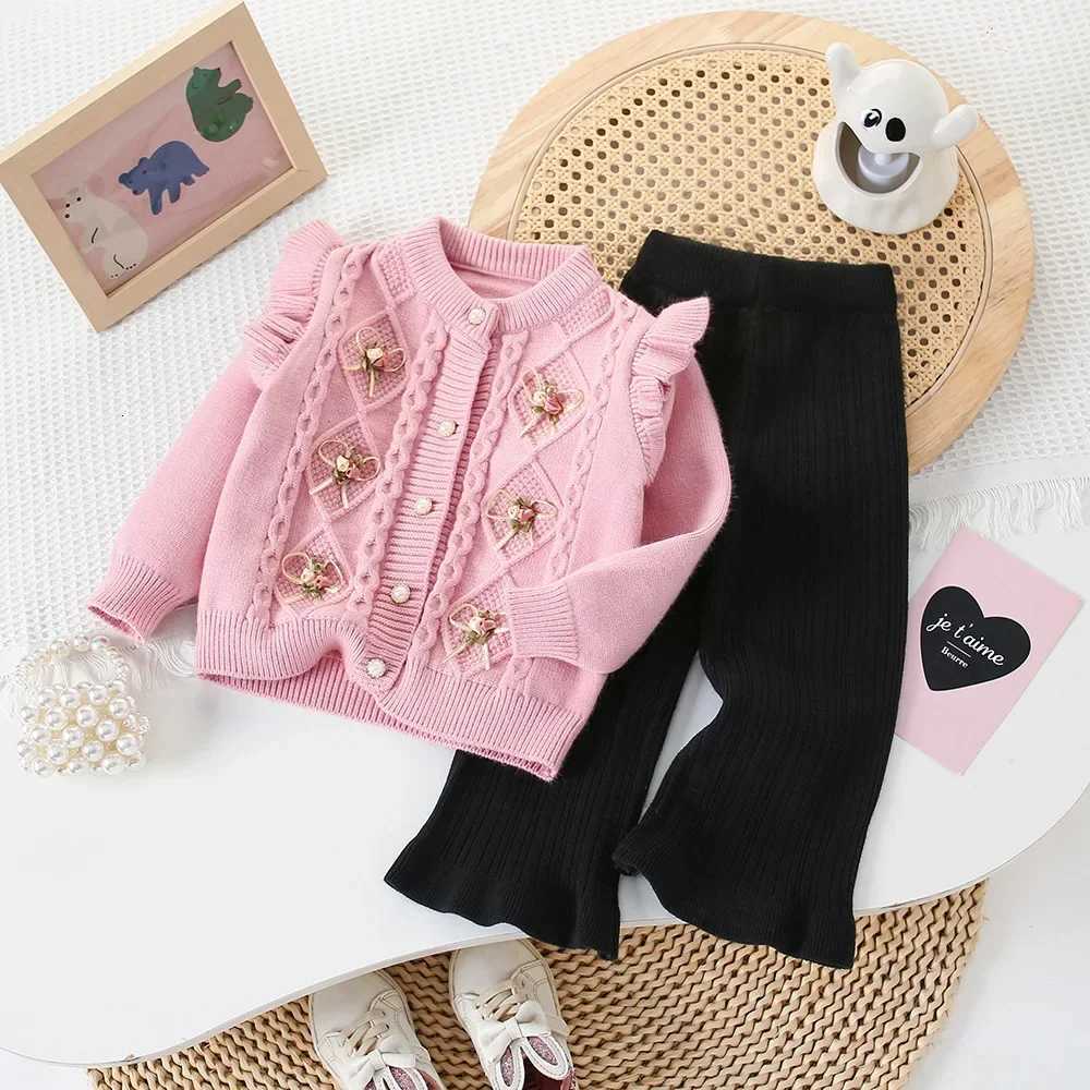 3 4 5 6 7 Years Old Bow Flower Girls Suit Diamond Lace Single Breasted Knitted Cardigan + Pants Outfits Winter Sweater Sets XJ250815