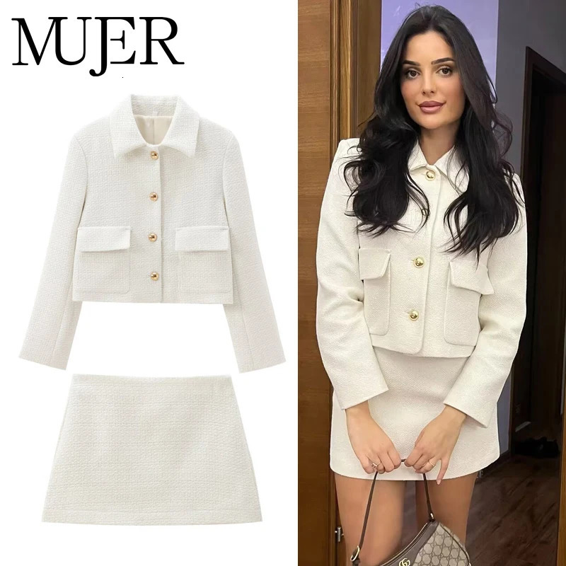 MUJER White Tweed Bomber Jacket Women Varsity Cropped Woman Outerwears Demiseason Jackets for Spring Womens Coats 250825