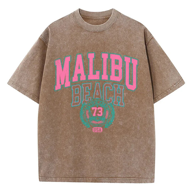 Malibu Beach Washed TShirt Women Letter Printing Cotton T Shirt Comfortable Crewneck Tops Casual Oversized Tees Female Clothes 250826