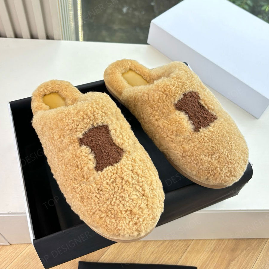 High quality new Winter warm Flat Fur slides Slippers Women's Wool furry Fluffy Slippers Shearling sandals Mules Shoes Luxury Designer slides f