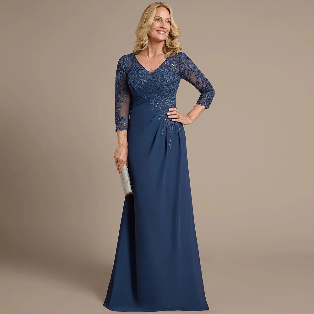 2026 Vintage Ink Blue Chiffon Mother Of The Bride Dresses 3/4 Sleeves V Neck Sequined Applique Wedding Guest Party Gowns Robe De Soriee