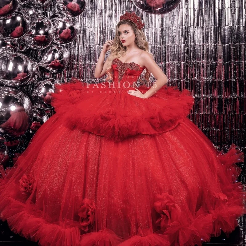 Red Shiny Princess Off The Shoulder Sweet 16 Dress Quinceanera Dresses Flower Beads Tiered Tull Corset Tull Party Birthday Vestidos 15 De Anos