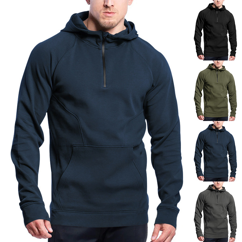 New Long Sleeve Hoodie Men, Casual Half-Zip t shirt Patchwork Fleece-Lined Men's Jacket for Autumn and Winter