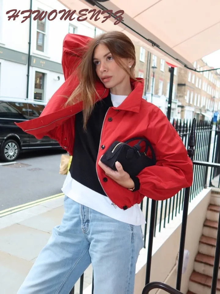 Red Casual Womens Short Coat Loose Turndown Collar Singlebreasted Long Sleeve Female Jacket Autumn Fashion Lady Coats 250826