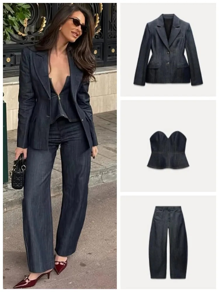 Retro Denim Vest Suit Jacket Pant 3 Piece Sets Women Classic Tube Top Waistcinching Jackets High Waist Pants Sets Female Outfit250825