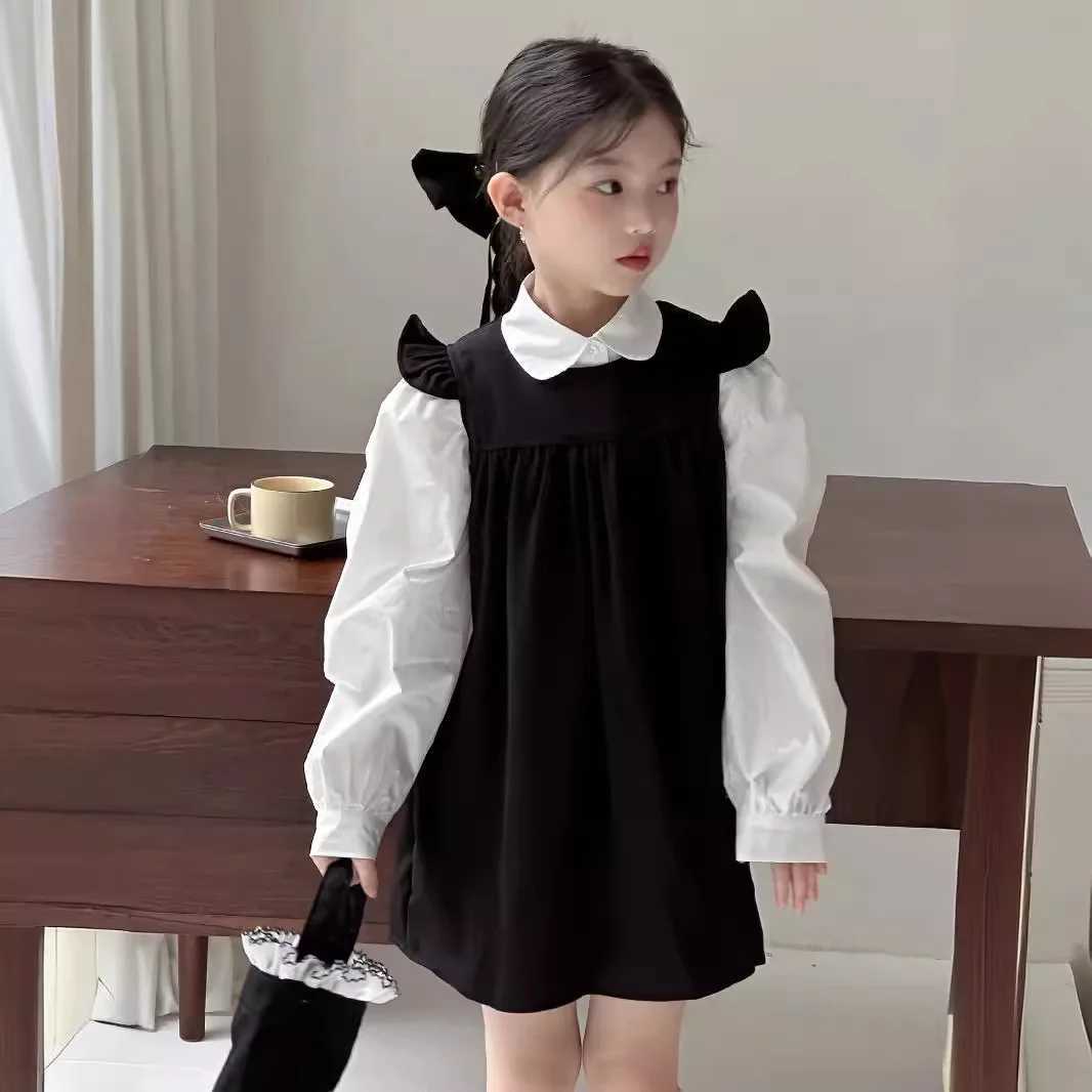 Childrens Jumper Skirt Shirt Set Autumn Girl Academic Shirt Flying Sleeves Solid Color Versatile Jumper Skirt Girls Casual SweetXJ250826