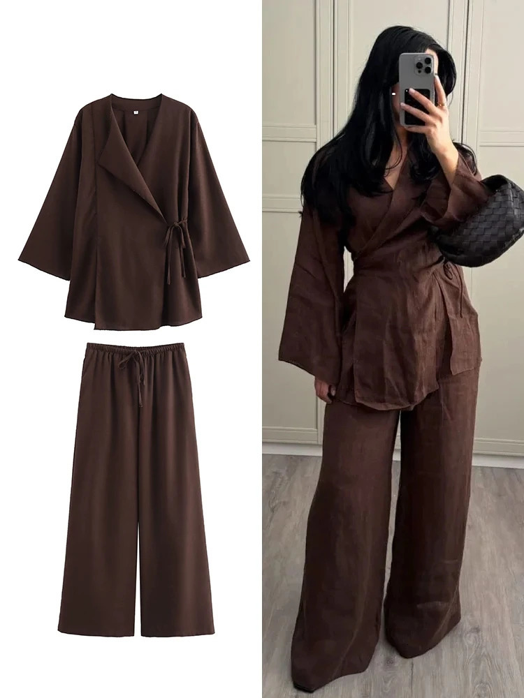 TFMLN Fashion 2 Pieces Sets Women Spring Summer Kimono Style Loose Lace Up Shirts Tops Womens Wide Leg Pants Sets250825