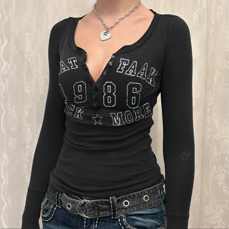 Black Tshirt Women Autumn Letter Print Streetwear Long Sleeves ONeck Bodycon Sexy Top Button Fashion Casual Slim Tees Female 250826