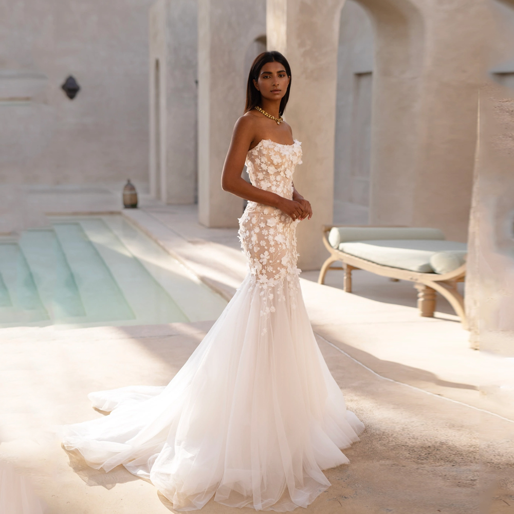 3D Flowers Elegant Sheath Wedding Dresses Bridal Mermaid Applique Bride Gowns Tulle Strapless Floor Length Custom Made Color/Size