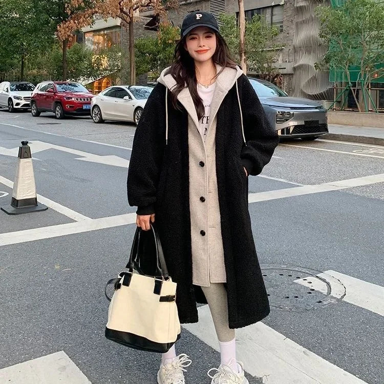 Lamb Fur Collar Color Block Long Oversized Sweatshirt Jacket Womens Autumn Winter Outerwear TwoPiece n KneeLength 250825