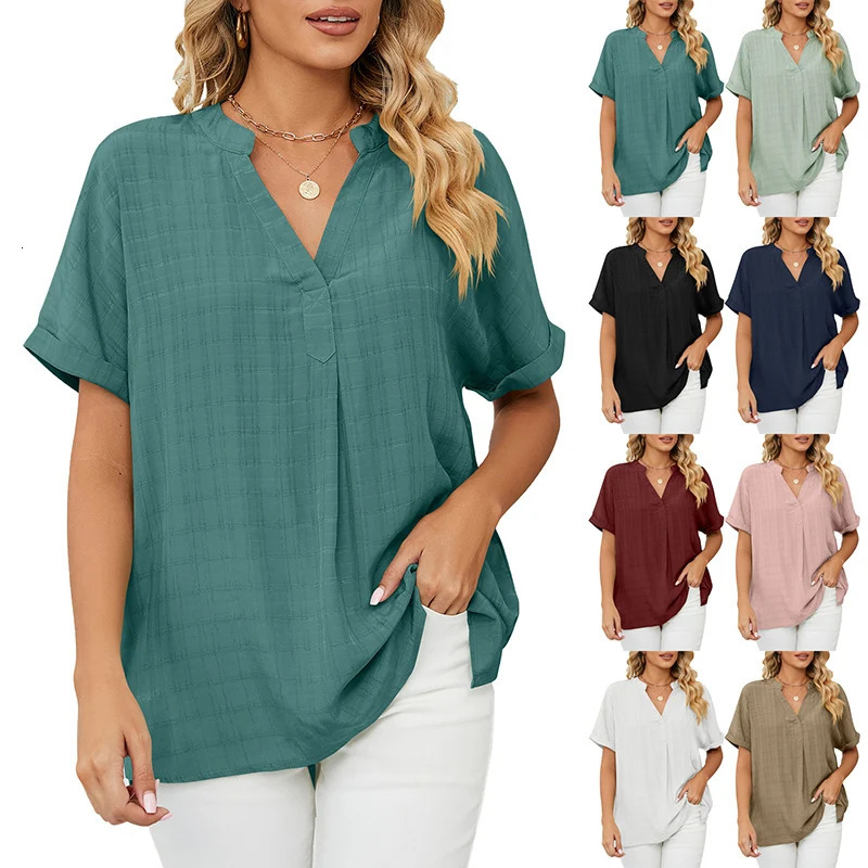 2025Summer Loose Womens TShirt High Quality V Neck Solid Color Short Sleeve Womens Business Wear Short Sleeve TShirt CCXX126250825