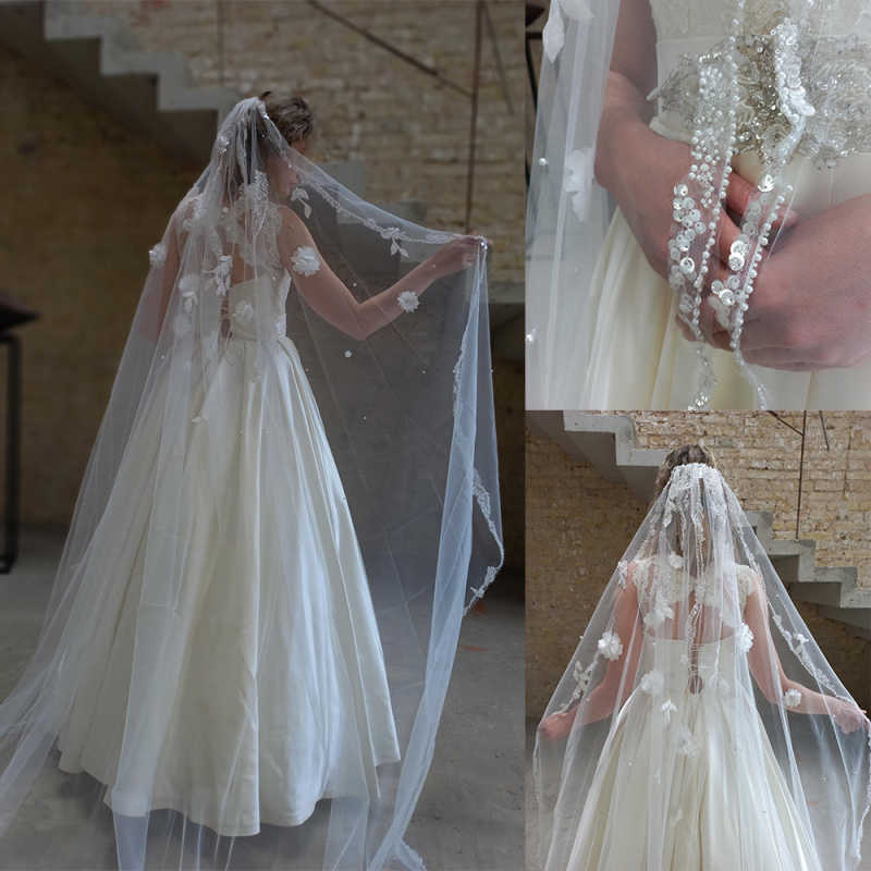 Luxurious One Layer Pearls Wedding Veils 3D Flowers Cathedral Length Veils Sequins Appliques Bridal Accessories Custom Made